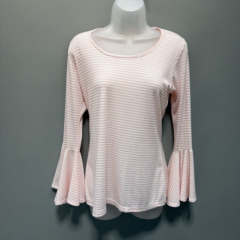 BMG Womens Boho Top Size M White Peach Striped Bell Sleeves Blouse Tunic